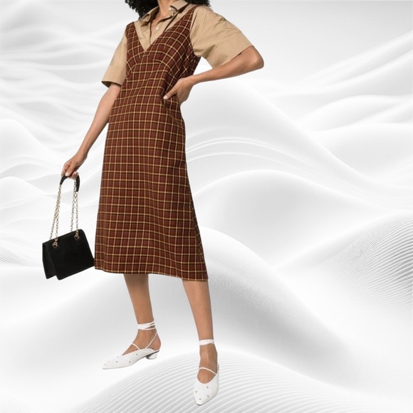 Plan C NWT V Neck Midi Dress Wool Tartan Check Rust Yellow IT 40/US 6 - Picture 3 of 12